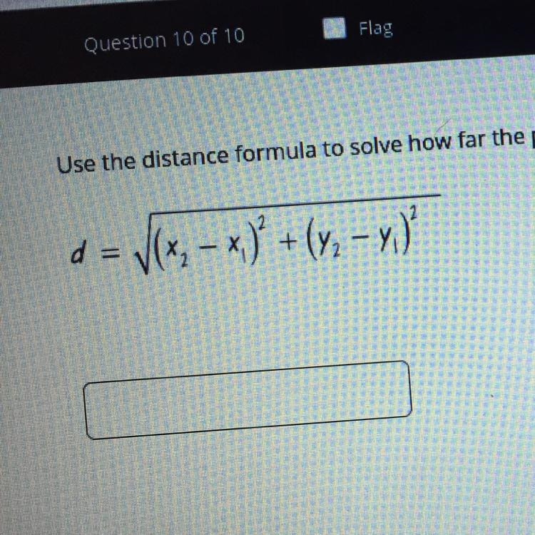 Use the distance formula to solve how far the points are on a coordinate plane. Points-example-1