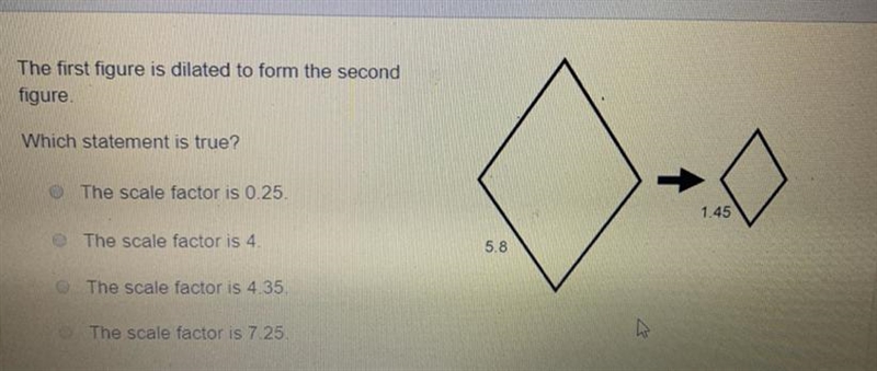 The first figure is dilated to form the second figure. Which statement is true? (First-example-1