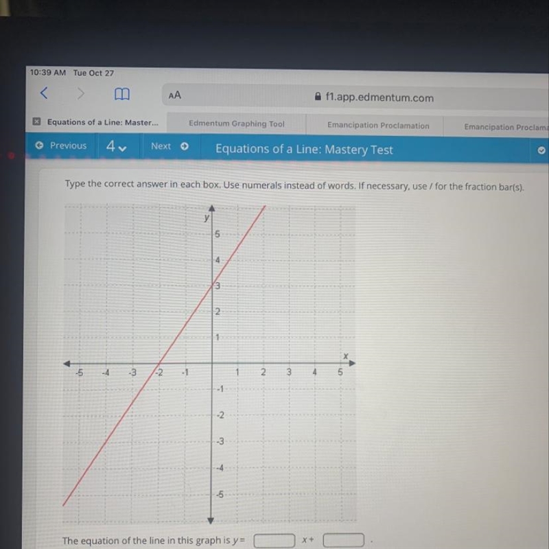 The equation of the line in the graph is y= _x+_-example-1