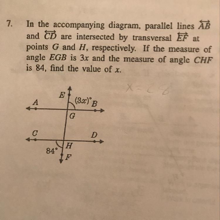 In the accompanying diagram, parallel lines AB and CD are intersected by transversal-example-1