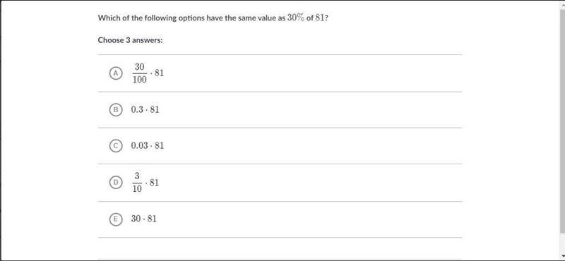 Which of the following options have the same value as 30%t of 81? Choose 3 answers-example-1