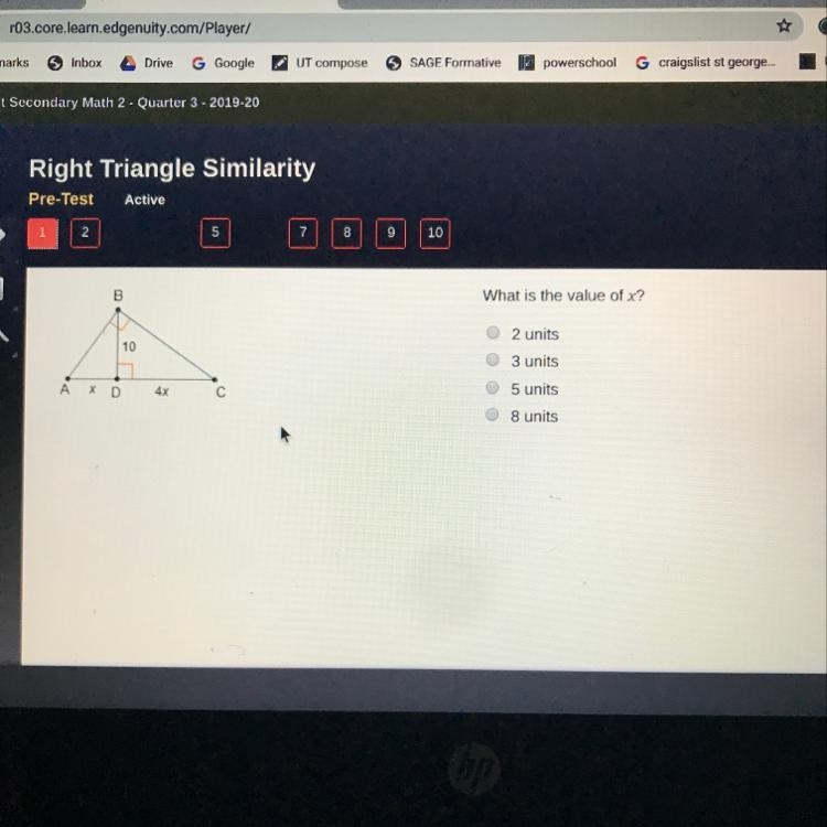 What is the value of x? O O O O 2 units 3 units 5 units 8 units A X D-example-1