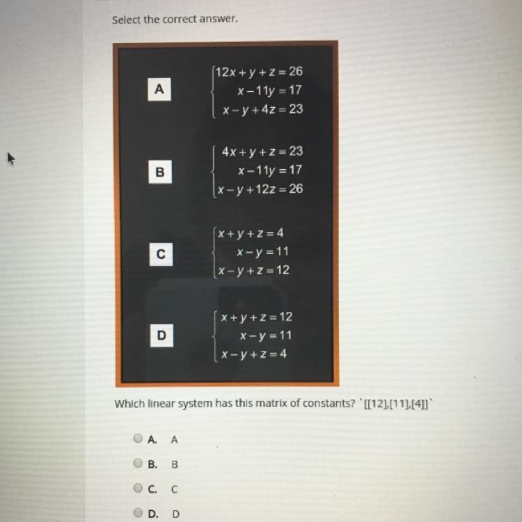 (12x + y + z = 26 x-11y = 17 1 x - y + 4z =23 4x +y +z =23 x-11y = 17 x - y +12z- 26 x-example-1