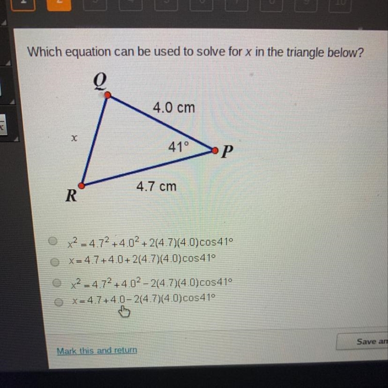 Which equation cab be used to solve for x in the triangle below ?-example-1