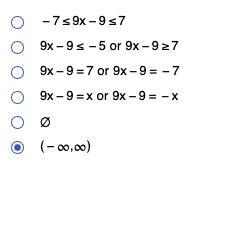 Find a statement that is equivalent to the absolute value equation |9x−9|=7. Choose-example-1