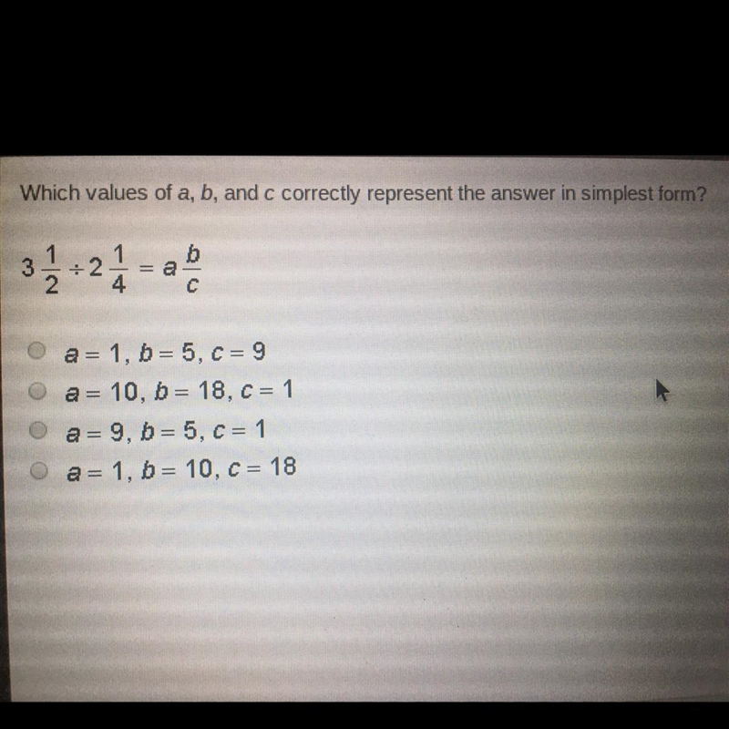 Which values of a, b , and c correctly represent the answer in the simplest form?-example-1