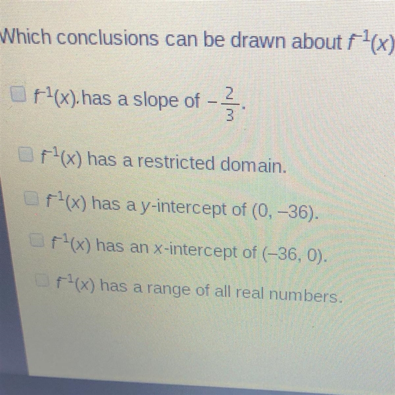 Consider the function. f(x) = -2/3x-24 Which conclusions can be drawn about f^-1(x-example-1