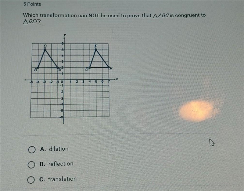 Which transformation can NOT be used to prove that ABC is congruent to ADEF? d rotation-example-1