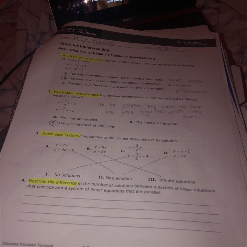 Describe the difference in the number of solutions between a system of linear equations-example-1