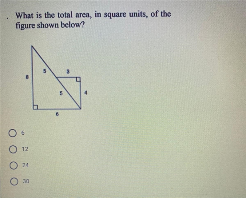 What is the total area, in square units, of the figure shown below? a. 6 b. 12 c. 24 d-example-1