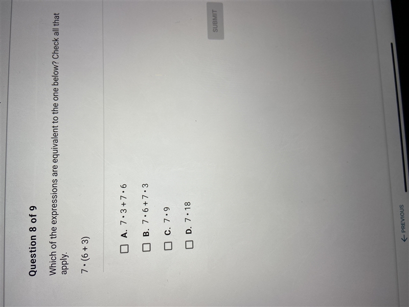 Which of the expressions are equivalent to the one below? 7x(6+3)-example-1