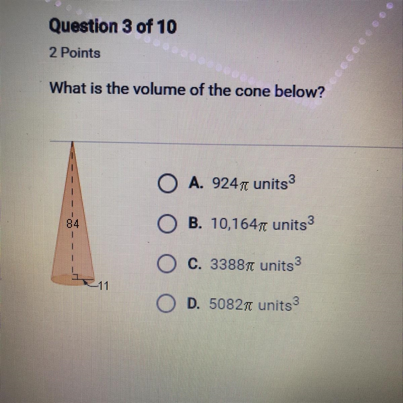 What is the volume of the cone below?-example-1