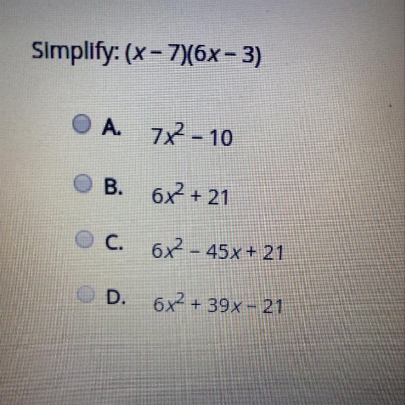 Simplify: (x - 7)(6x - 3)-example-1