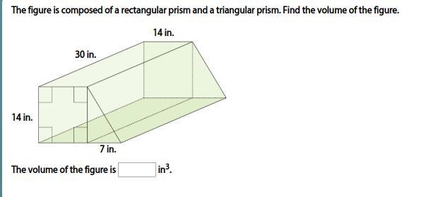 The figure is composed of a rectangular prism and a triangular prism. Find the volume-example-1