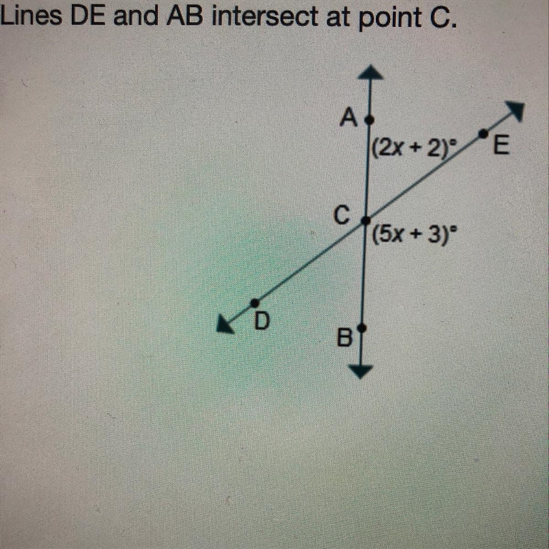 Lines DE and AB intersect at point C. What is the value of x? O 12 (2x + 2) E O O-example-1