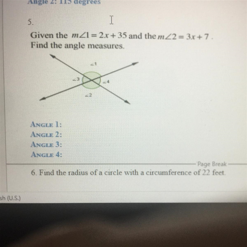 Given the angle 1=2x+35 and the angle 2=3x+7. Find the angle measures-example-1