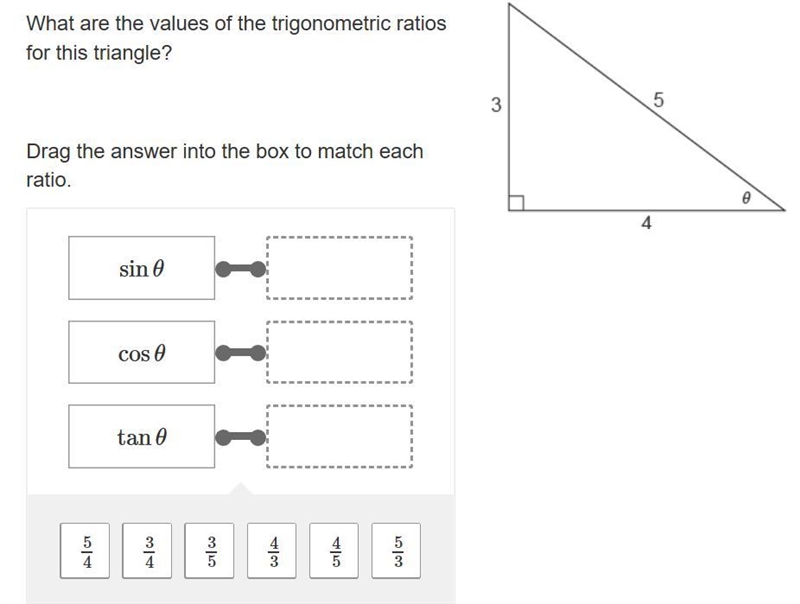 What are the values of the trigonometric ratios for this triangle? Drag the answer-example-1