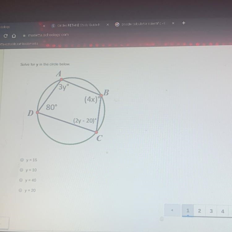 Solve for y in the circle below. (400) (4x) D180° (27-20) y = 15 ! ! !-example-1