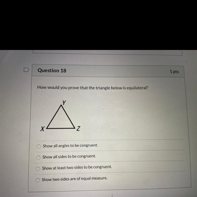 How would you prove that the triangle below is equilateral? A. Shows all angles to-example-1