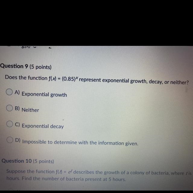 Does the function f(x) = (0.85)\ represent exponential growth, decay, or neither? A-example-1