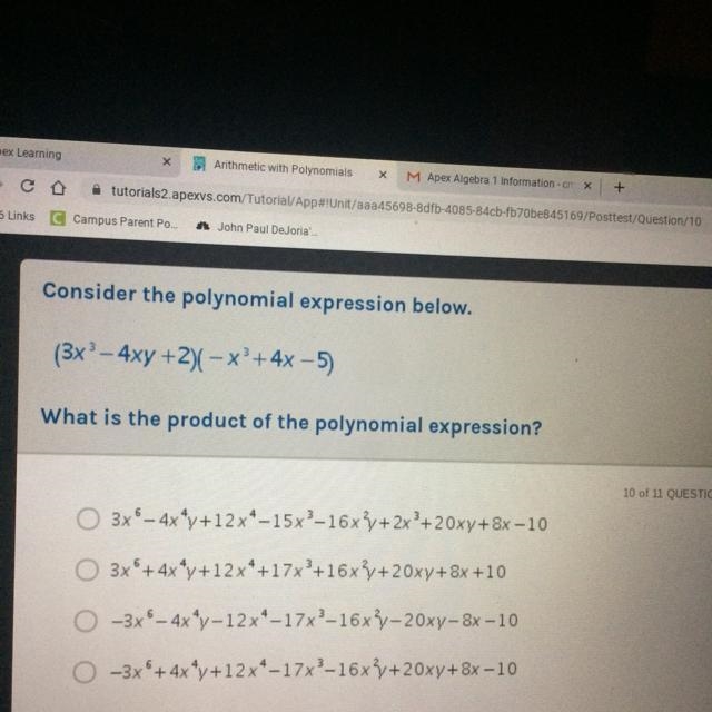 Consider the polynomial expression below. (3x - 4xy + 2)(-x +4x - 5) What is the product-example-1