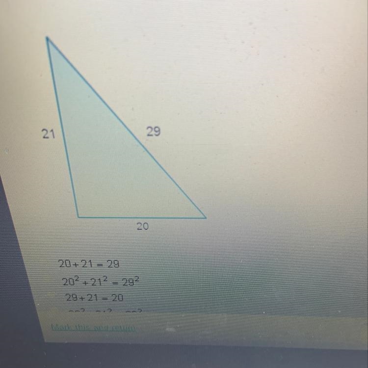 Which math sentence can be used to determine if this triangle is a right triangle-example-1