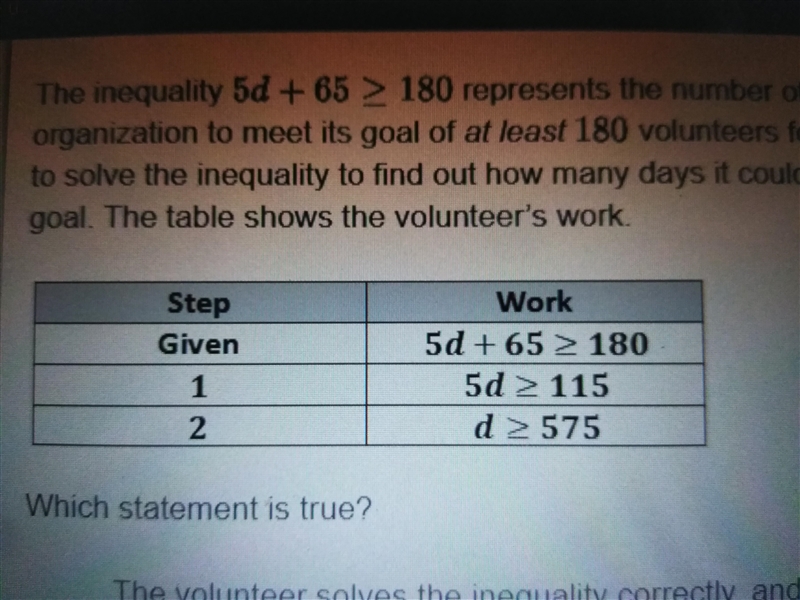 The inequality 5d + 65 less than or equal to 180 represents the number of days, d-example-1