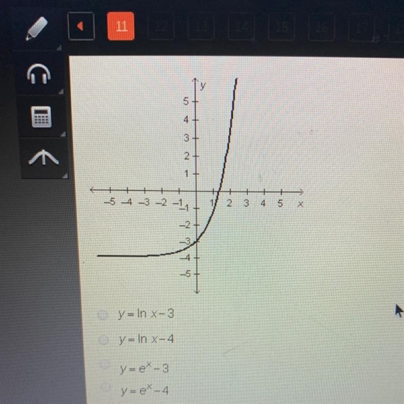 Which equation is represented by the graph below? y= In x-3 y= In x-4 Y= e^x -3 Y-example-1