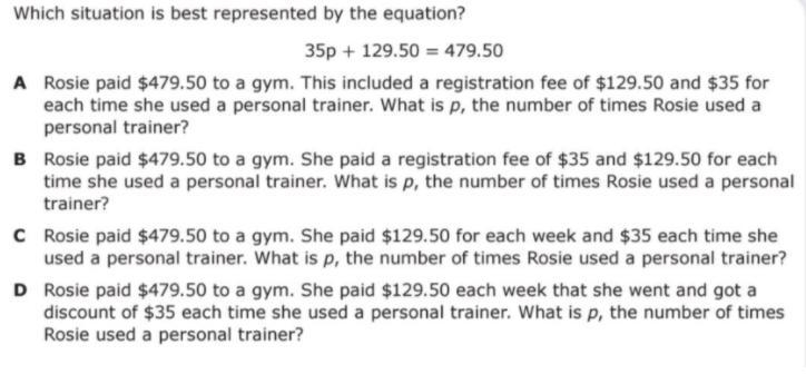 Which situation is best represented by the equation? 35p + 129.50 = 479.50-example-1