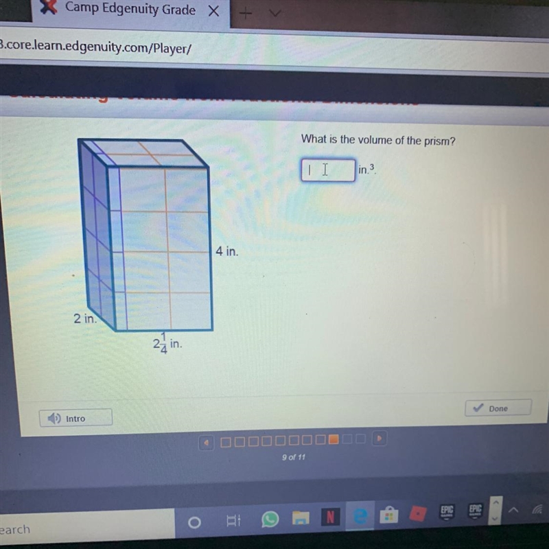 What is the volume of the prism? 4 in. 2 in.-example-1