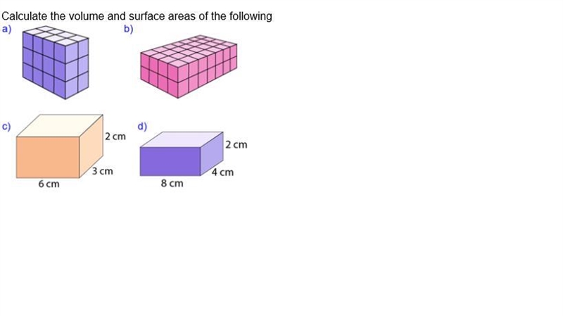 Calculate the volume and surface areas of the following-example-1