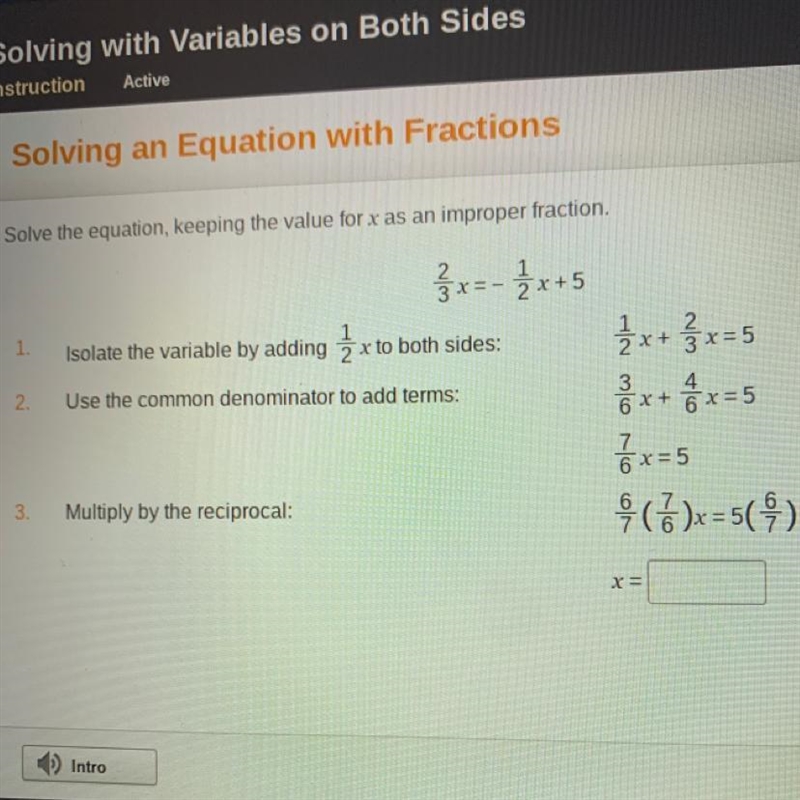 Solve the equation, keeping the value for x as an improper fraction.-example-1