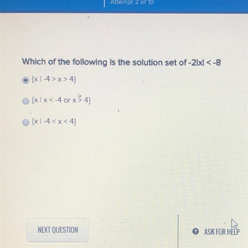 Which of the following is the solution set of -21xl <-8? {x1-4>x>4] {XIX-example-1