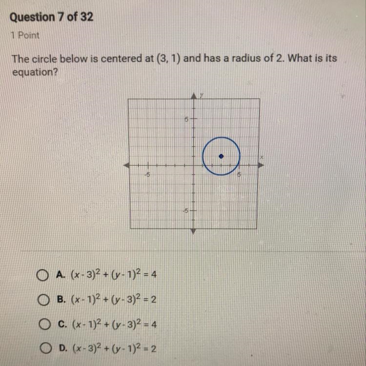 The circle below is centered at (3, 1) and has a radius of 2. What is its equation-example-1