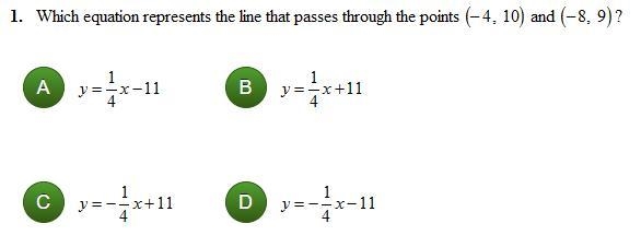 Which equation represents the line that passes through the points (-4, 10) and (-8, 9)?-example-1