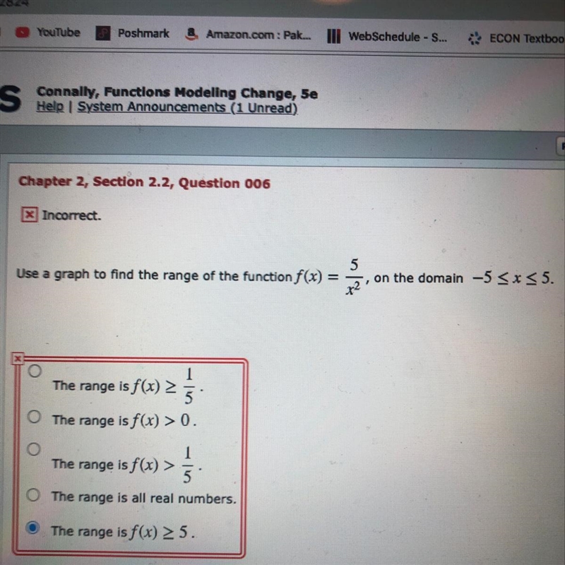 Use a graph to find the range of the function f(x) = 5/x^2 on the domain -5 < x-example-1