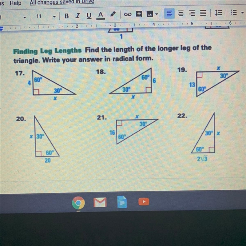 Finding Leg Lengths. Find the length of the longer leg of the triangle. Write your-example-1