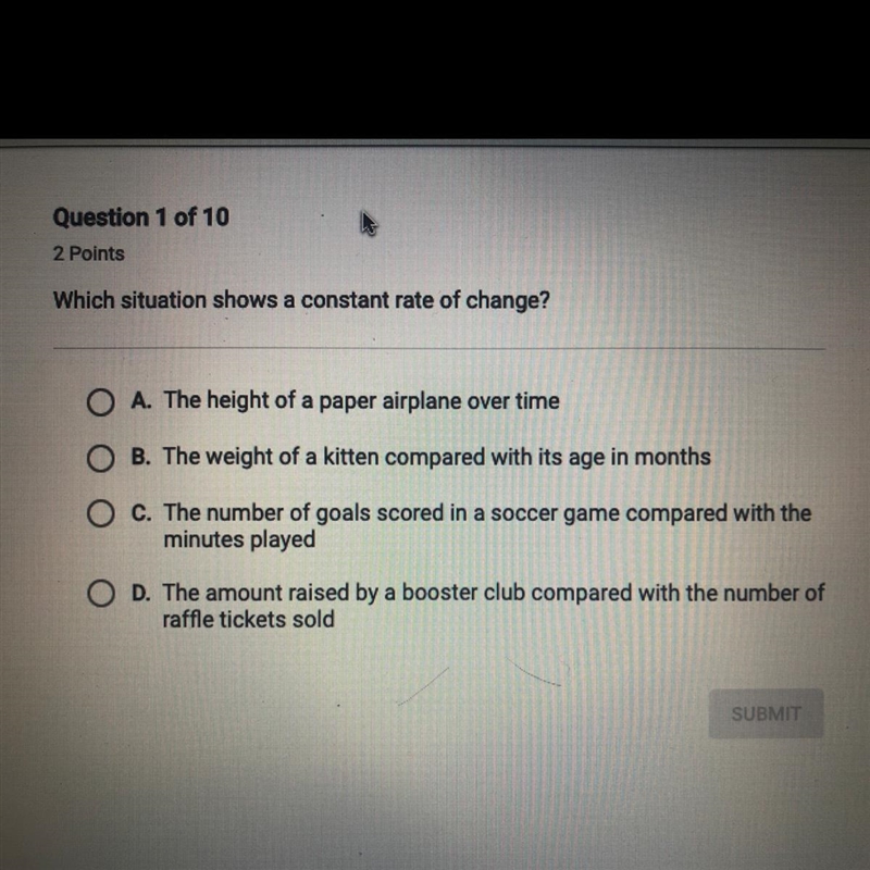 Which situation shows a constant rate of change?-example-1