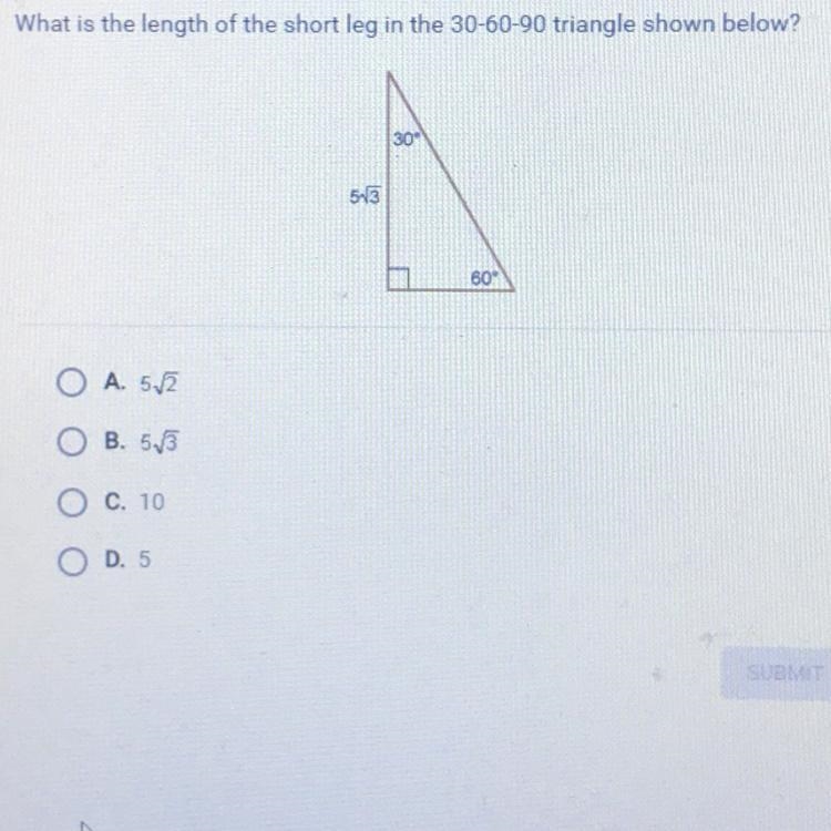 What is the length of the short leg in the 30-60-90 triangle shown below?-example-1