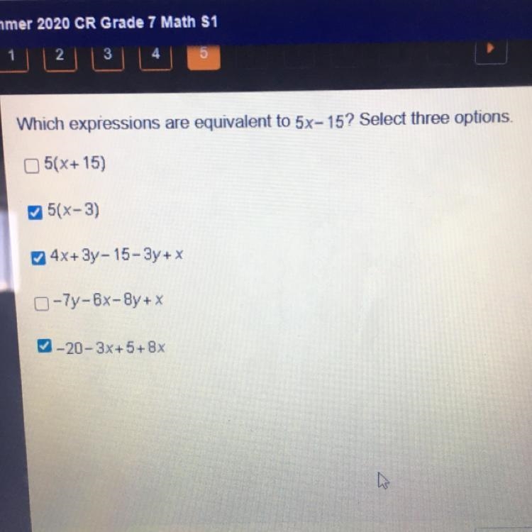 Which expressions are equivalent to 5x-15? Select three options B,C,E-example-1