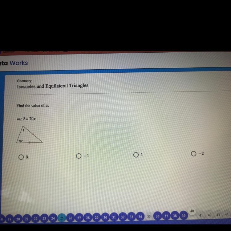 Isn’t it 70x=180-70-70 When I solve it I get a fraction and I don’t think I’m supposed-example-1