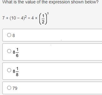 What is the value of the expression shown below? 7 + (10 − 4)2 ÷ 4 × 1 over 2 to the-example-1