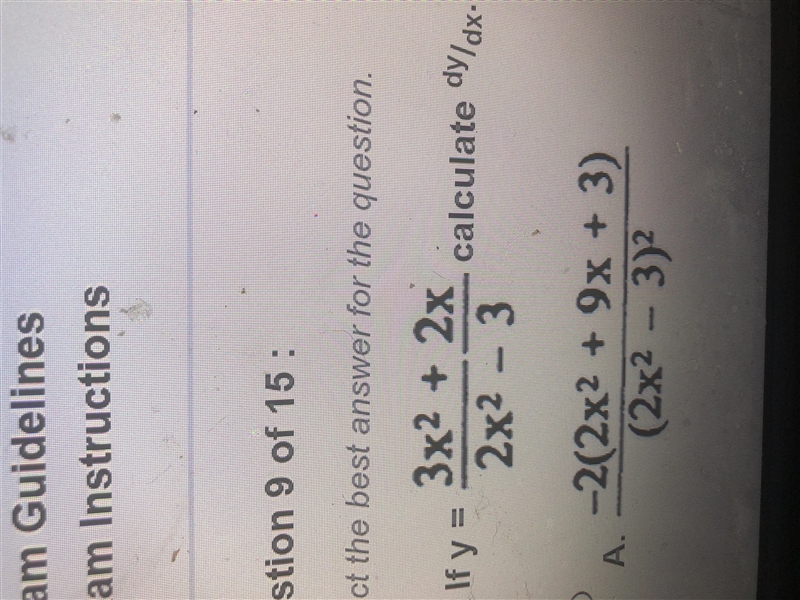 If y= 3x^2 + 2x/ 2x^2 - 3 calculate dy/dx help me plz-example-1