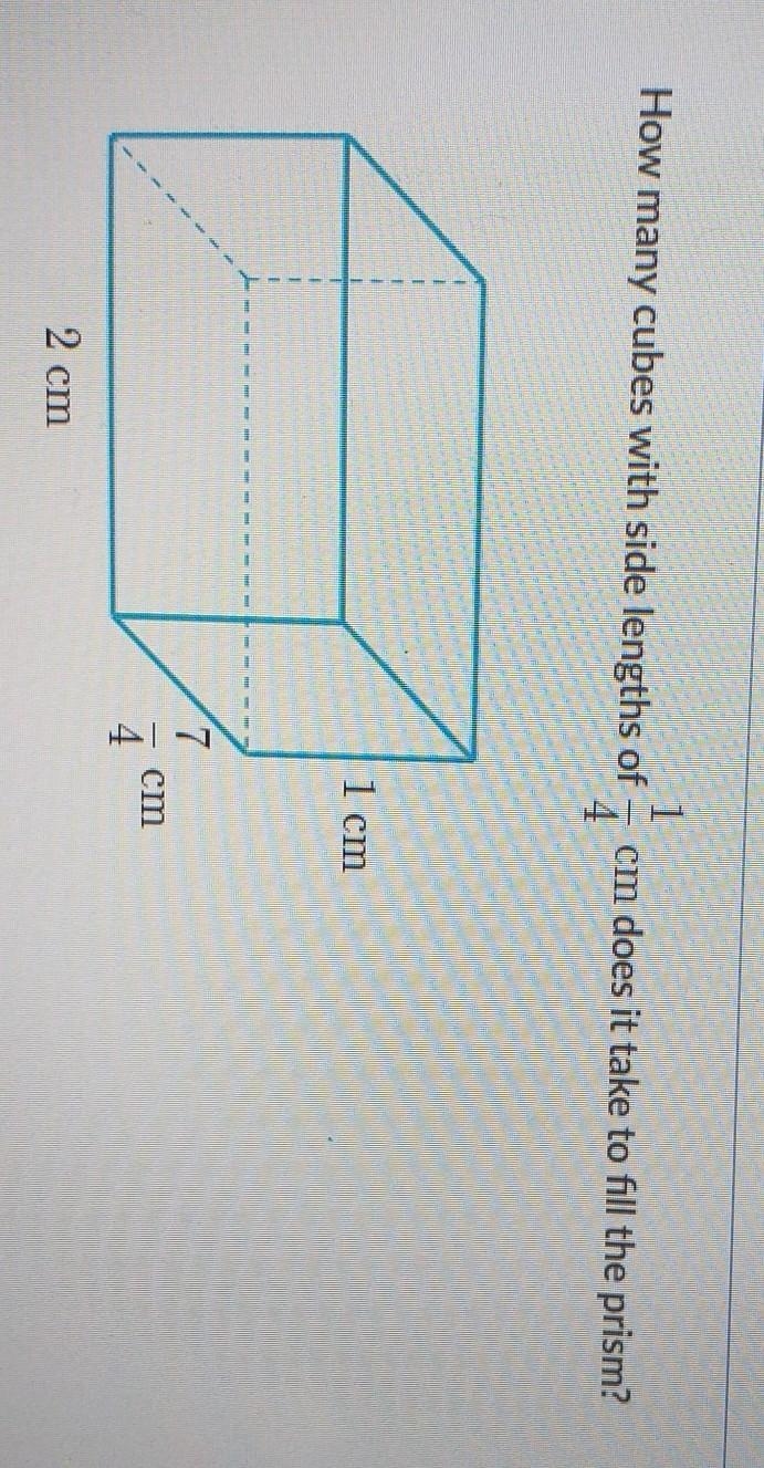 How many cubes with side lengths of 1/4 cm does it take to fill the prism? ​-example-1