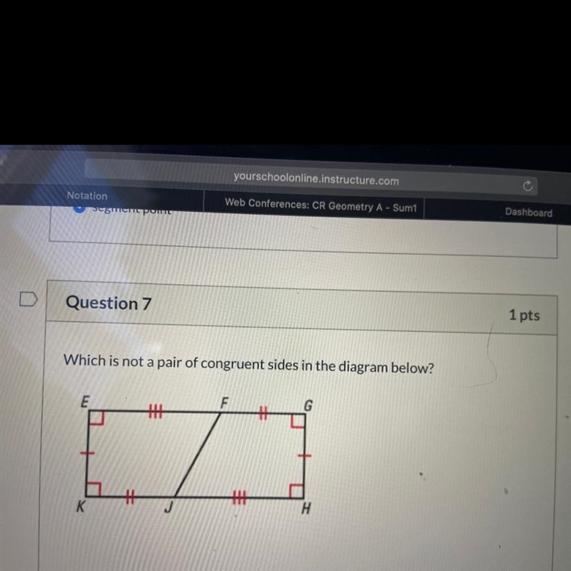 Which pair not a pair of congruent sides in the diagram below ? A. KJ and JH B. EF-example-1