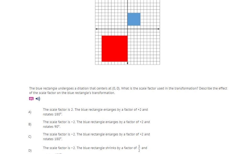 The blue rectangle undergoes a dilation that centers at (0, 0). What is the scale-example-1