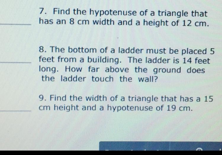 Find the hypotenuse of a triangle that has an 8 cm width and a height of 12 cm.-example-1