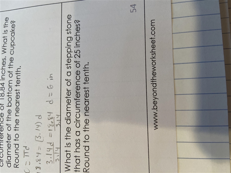 What is the diameter of a stepping stone that has a circumference of 25 inches? Round-example-1