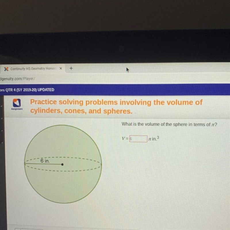 What is the volume of the sphere in terms of ut? V=6 in 3 |--- 6 in.-example-1