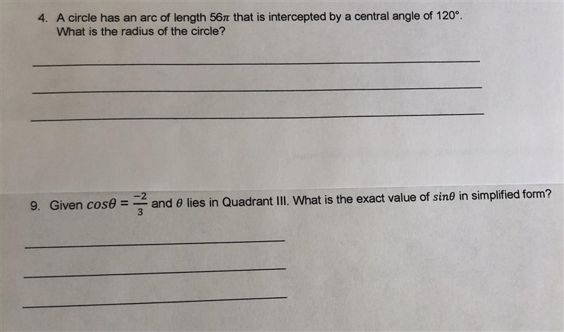 9. A circle has an arc of length 56pi that is intercepted by a central angle of 120 degrees-example-1